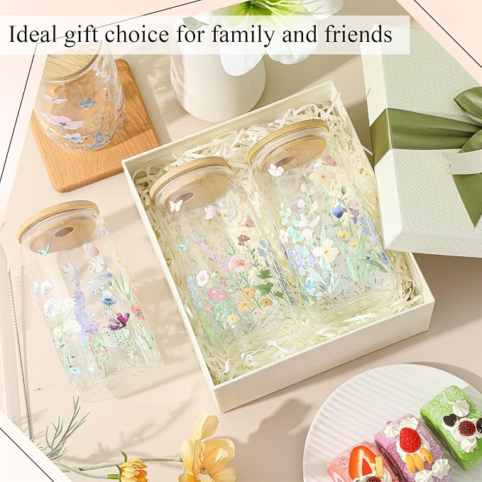 Mumufy 4 Pack Wildflower Glass Cups Gift Aesthetic Cute Glass Cup Tumbler - Image 6