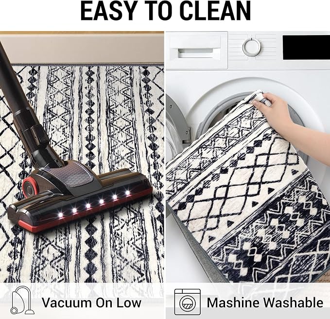KUTA Moroccan Washable Runner Rug, 2x10 Non-Slip Vintage Black Navy Blue Boho - Image 5