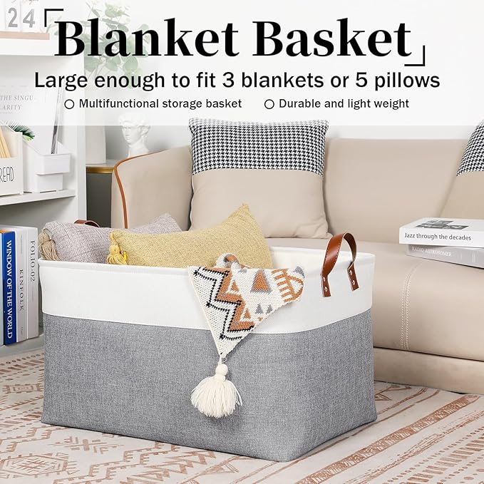 DULLEMELO Extra Large Storage Baskets for Organizing 22"x15"x13" Foldable Fabric Storage Baskets Organizer Bins with Handles Large Storage Basket for Shelves Closet Toys Books (White&Grey)