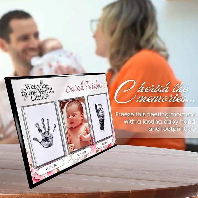 Baby Hand and Footprint Kit with Photo & Birth Details, Inkless Hand and Footprint Kit, Newborn Keepsake Plaque, Baby Shower Gifts (STYLE 1 (Fully Personalized) (Welcome To The World - Baby Girl))