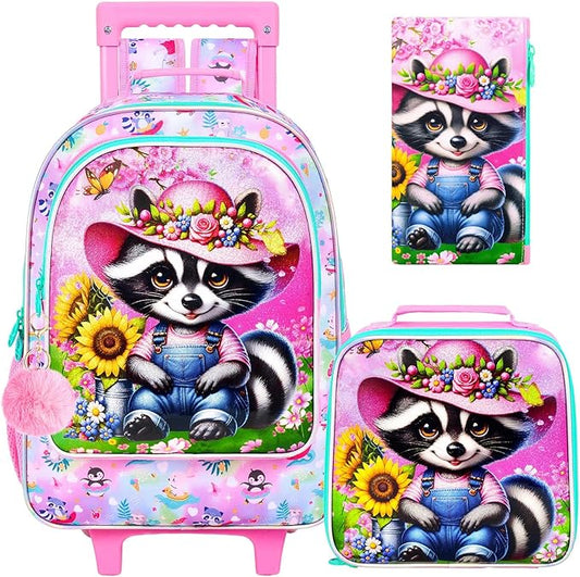 Girls Rolling Backpack, Cute Raccoon Roller Wheels Kids Bookbag - Wheeled Elementary School Bag - 3PCS Raccoon