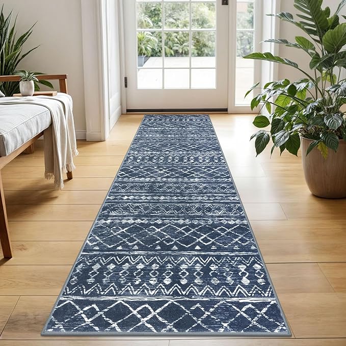 KUTA Boho Kitchen Rugs 2x5 ft Navy Blue Moroccan Washable Runner Rug Non-Slip by KUTA