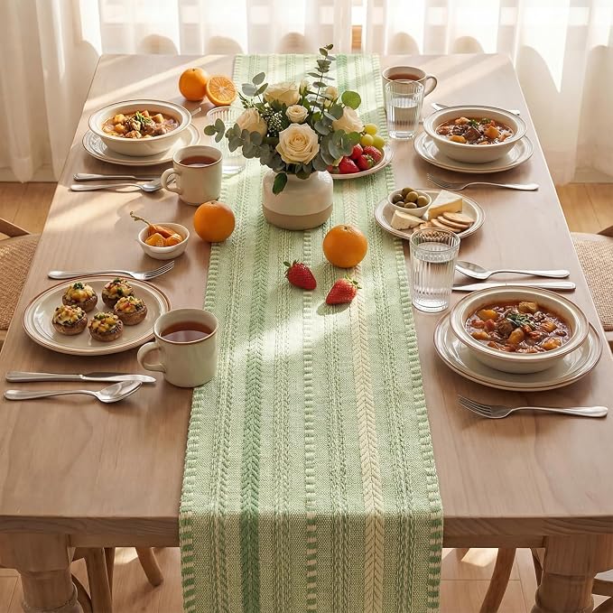 Artoid Mode Sage Green Farmhouse Stripe Braided Table Runner 12x108 Inch | - Image 3