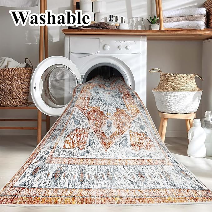 CHAMPLANT Area Rug 8x10 Washable Rug Tangerine Vintage Traditional Mat - Image 3