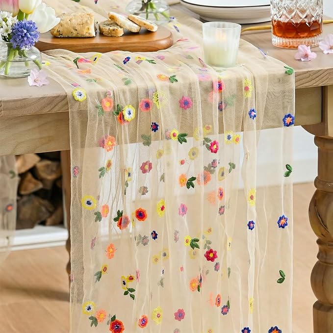 Artoid Mode 6PCS Champagne Embroidery Daisy Gauze Table Runner 120Inch 10FT | by ArtoidMode
