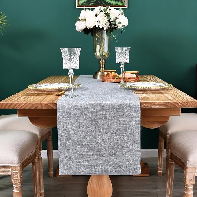 NEWISHER Farmhouse Rustic Faux Linen Solid Grey Table Runner 13x60inch | Grey - Image 3