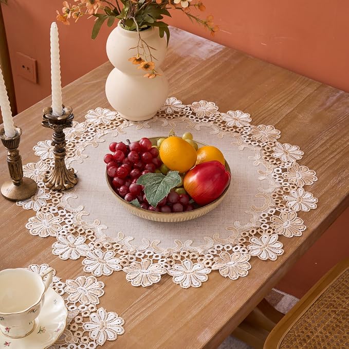 European Antique Jacquard Lace Table Doilies, Small Farmhouse Linen Embroidered - Image 2