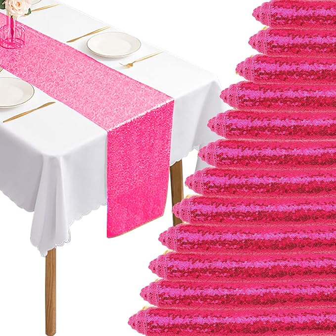 12 Packs 12 X 72 Inch Hot Pink Sequin Table Runner Glitter Dining Table Runner by Fivenl