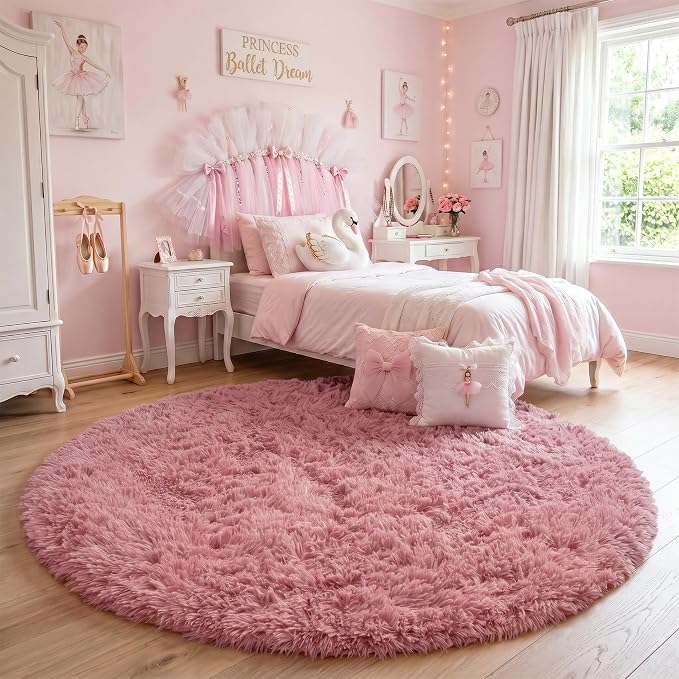 Blush Pink Big Round Rug 8Ft for Kids Bedroom, Large Fluffy Fuzzy Furry Circle - Image 8