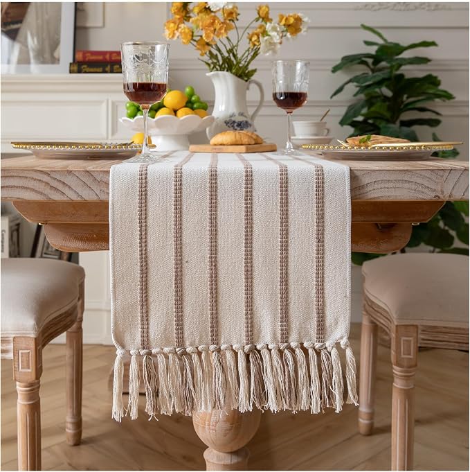Caflife Boho Table Runner 72 Inchs Long Taupe and Beige, Cotton and Linen Woven by Caflife