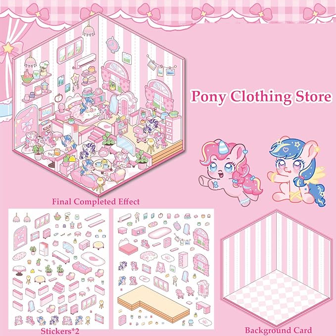 DIY 3D Sticker Scene, 6 Sets of Cute Miniature Isometric Stickers for Kids Adult Therapy Scenes Sticker Reuseable and Waterproof Stickers for Girl