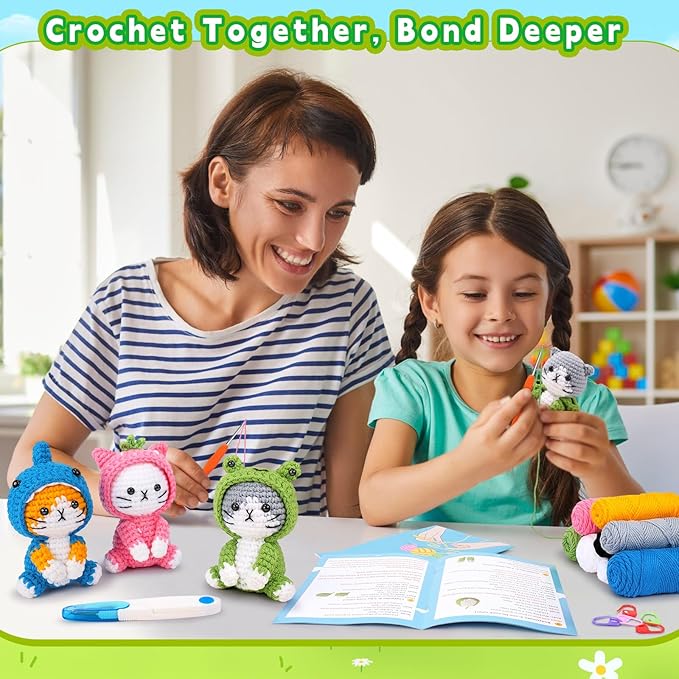 Crochet Kit for Beginners - 3 PCS Crochet Kits with Step-by-Step Video Tutorials, Beginner Crochet Kit for Adults Kid, Crochet Animal Kit for Starters, Cat Dressed as Shark Frog Strawberry