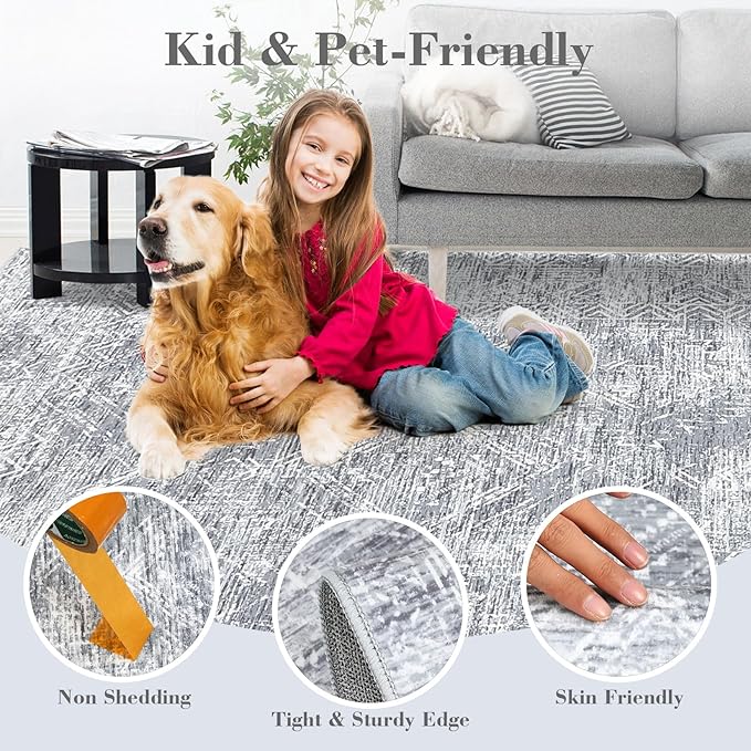 COZYLOOM 5x7 Rug Living Room Modern Washable Distressed Accent Carpet with Non-Slip Backing, Ultra-Soft Contemporary Geometric Floor Mat for Kitchen, Bedroom, Grey