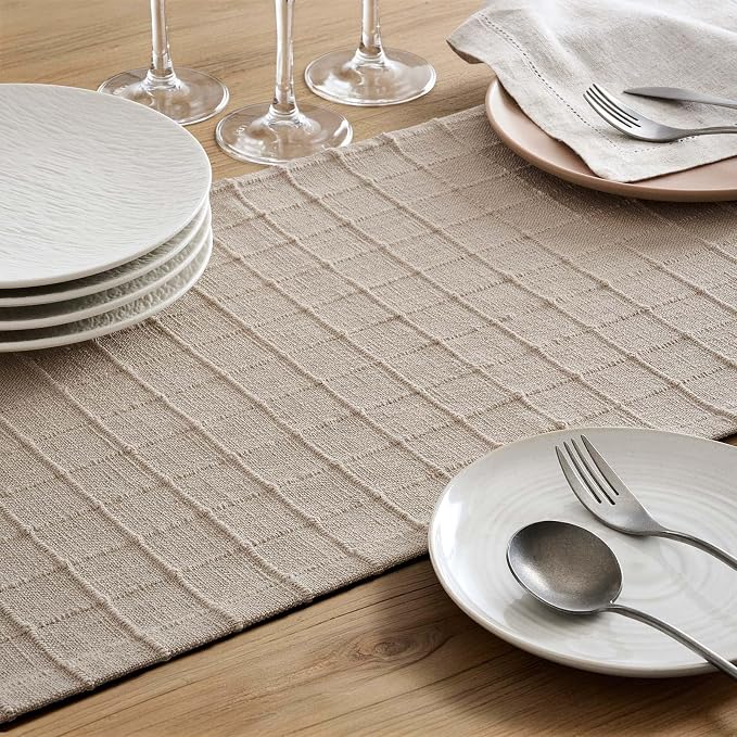Artisanal Grid Linen Table Runner, 13x36 Inches Oatmeal | Heavy Textured - Image 6