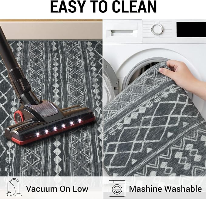 KUTA 3x5 Entryway Rug, Dark Grey Beige Non-Slip Washable Low-Pile Boho Moroccan - Image 5
