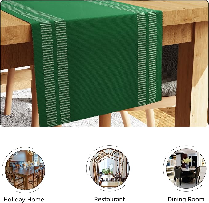 Encasa XO Table Runner, Yarn Dyed Ribbed Cotton 13"x94" | Ladder Dk Green - Image 4