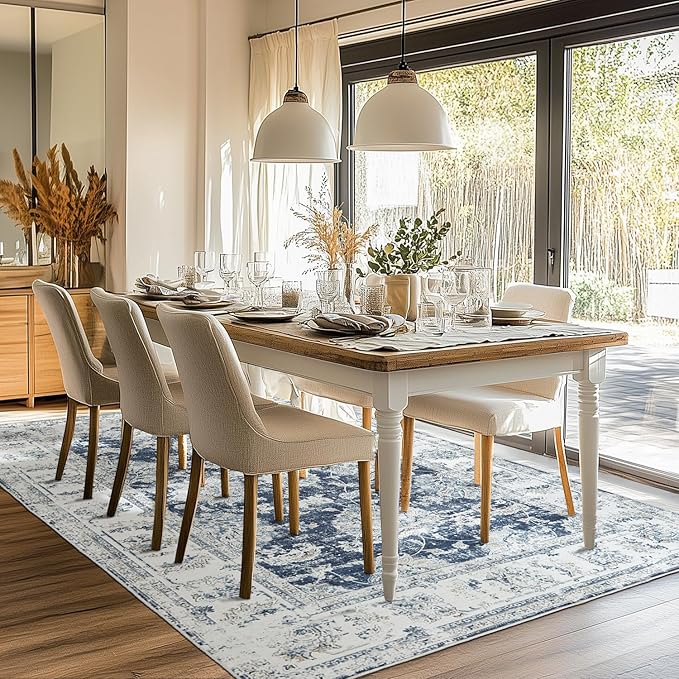 jinchan 6x9 Area Rug for Living Room Machine Washable Vintage Floral Distressed Design Stain Resistant Boho Carpet Ultra-Thin Low Pile Non-Slip Rug for Bedroom Dining Room Home Office(6‘x9',Dark Blue)