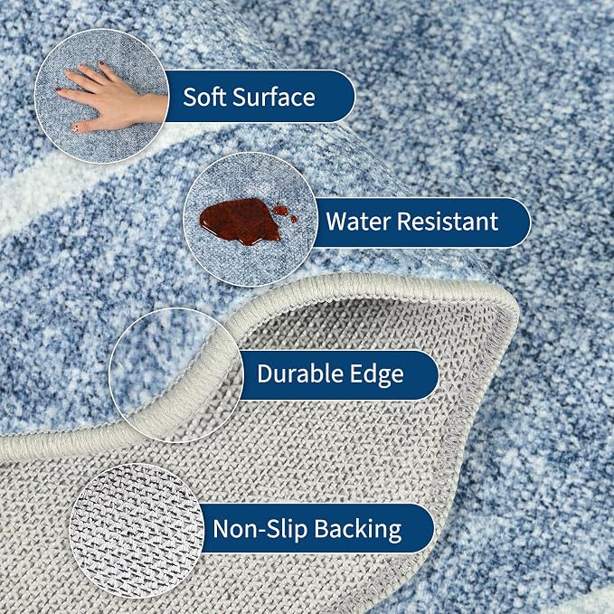 GarveeHome Scalloped Washable Runner Rug 2x10 Non Slip Kitchen Rugs Modern Blue - Image 2