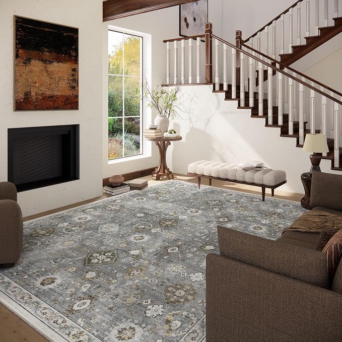 Machine Washable Rug for Living room: 9x12 Area Rugs Boho Vintage Rugs Stain - Image 2