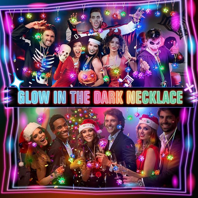 HONLYNE48 48 PCS Flashing Crystal Star Necklaces, LED Glow in The Dark Party Favors for Kids Adults Birthday Rave Halloween Goodie Bags Filler