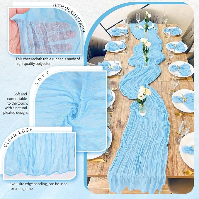 18 Pack Cheesecloth Table Runner 10FT Baby Blue Table Runner Light Blue Boho - Image 3