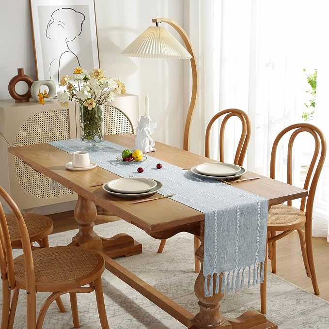Wracra Rustic Linen Table Runner, Dusty Blue Table Runners 48 inches Long | - Image 3
