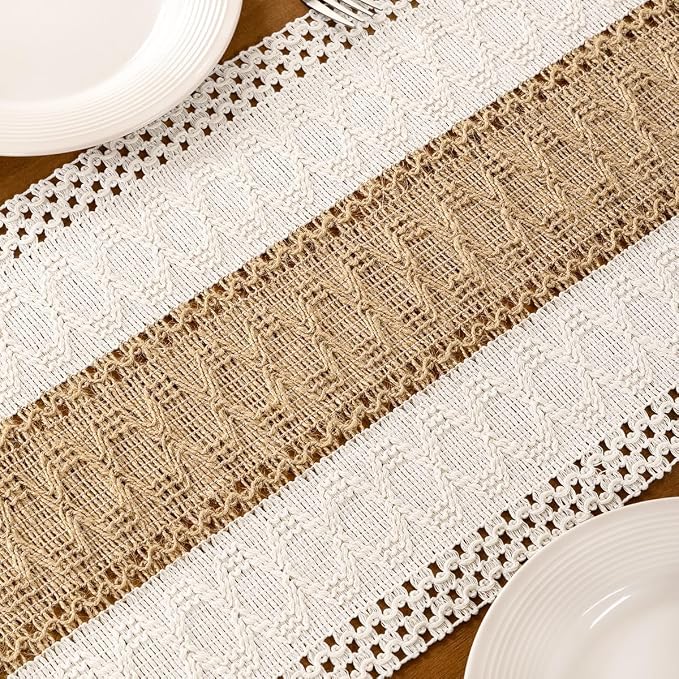 Ivory & Burlap Boho Table Runner Farmhouse Woven Table Runner 12x90 Inch | - Image 6