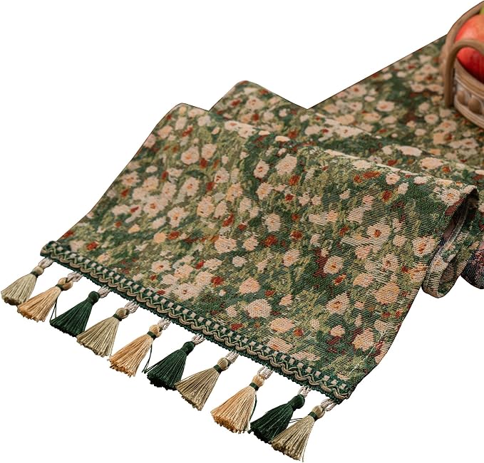 Ditsy Floral Table Runner Small Daisy Green 13 x 48 Inch | Jacquard Weave by HomeyHo