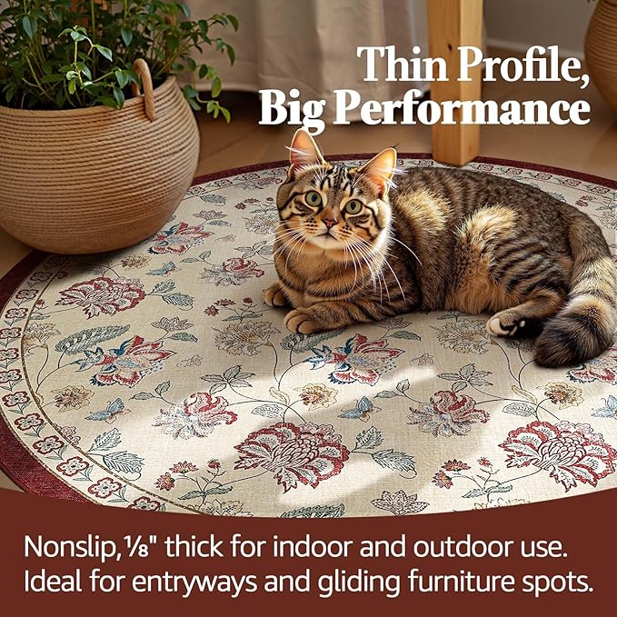 jinchan 7ft Floral Round Rug for Dining Room Washable Living Room Rug Vintage Romance Design Non Slip Indoor Floor Cover Lightweight Low-Profile Throw Carpet for Bedroom Porch Patio, Red/Beige