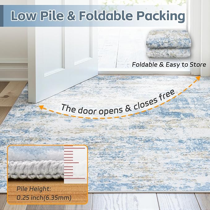 Area Rug 8x10 Living Room Rug Washable: No-Slip Abstract Soft Thin Large Blue - Image 7