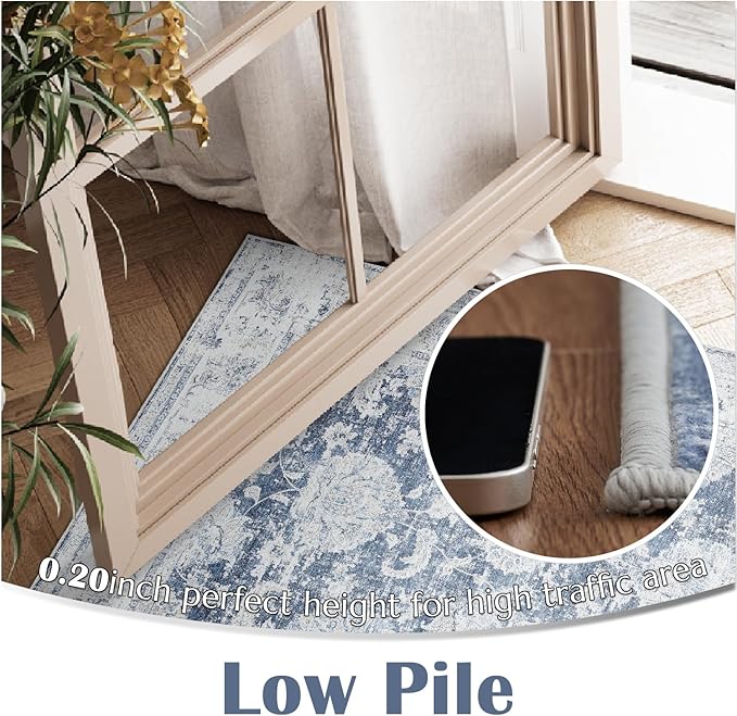 jinchan Hallway Runner Rug 3x8 Washable Runner - Vintage Floral Non Slip Low-Pile Soft Thin Faux Wool Kitchen Rug Distressed Carpet for Farmhouse Bedroom Laundry Room(3x8ft,Dark Blue)