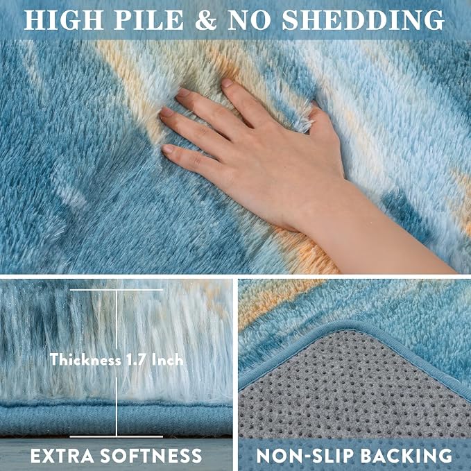 Fluffy Rugs for Living Room, 6x9 Feet Abstract Blue Large Shag Area Rugs for - Image 6