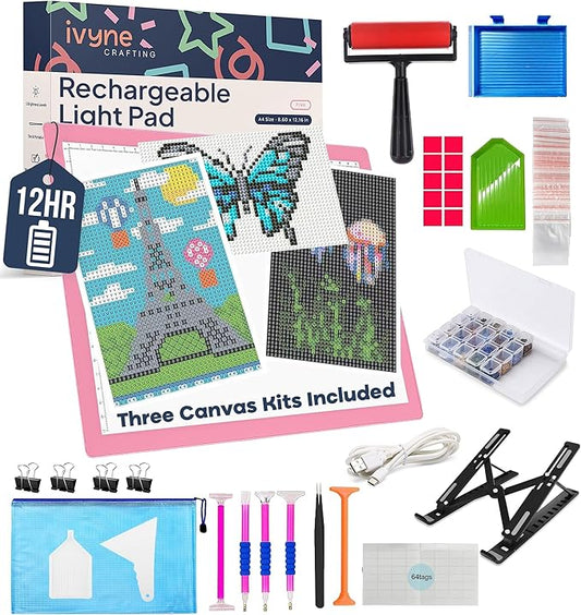 iVyne Rechargeable A4 Light Pad for Diamond Painting & Art Projects – LED Light Board with Diamond Art Accessories – Ultra-Thin & Portable Diamond Dot Light Board, Perfect for Artists - Pink