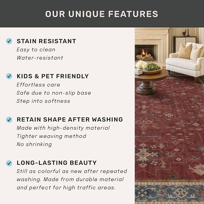 Hazo Haus Boho Washable 3x16 Extra Long Hallway Runner Rug, Burgundy Waterproof - Image 6