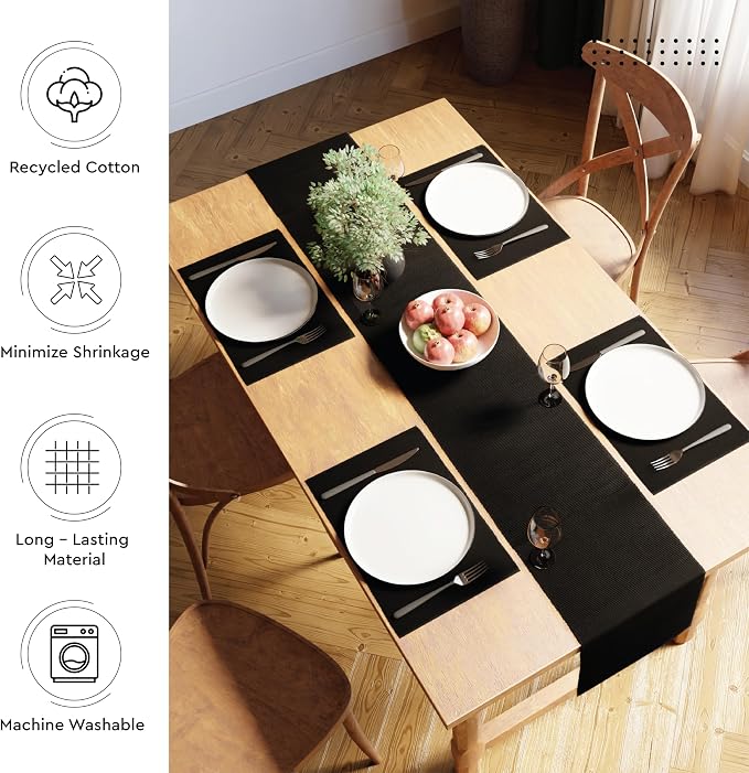 Encasa XO Table Runner, Yarn Dyed Ribbed Cotton 13"x59" | Solid Black, 12-Ply - Image 3