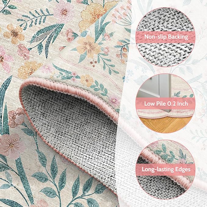Scalloped Rug for Living Room, 5x8 Pink Floral Rug for Girls Dorm, Washable - Image 5