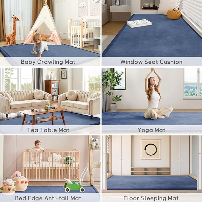 Baby Play Mat for Floor Tummy Time Nursery Muscle Mat Area Rug Playroom Tatami 79"x138" Memory Foam 1.3" Thick Crawling for Babies,Toddlers, Infants, Kids,Floor(Blue)