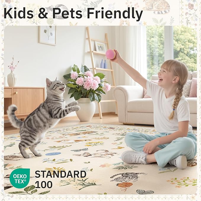 Soalmost Cat 9x12 Area Rugs for Living Room, Machine Washable Animal Floral - Image 5