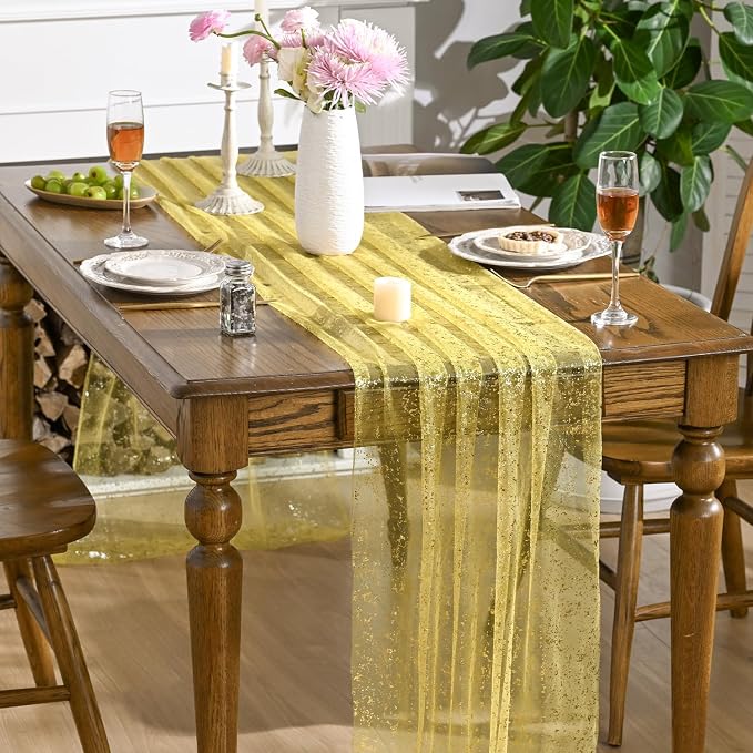 Artoid Mode 3PCS Light Yellow Gold Gauze Table Runner 120 Inch 10FT, Glitter - Image 3