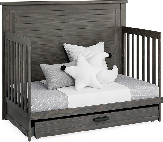 Delta Children Simmons Kids Caden 6-in-1 Convertible Crib with Trundle Drawer, Greenguard Gold Certified, Rustic Grey