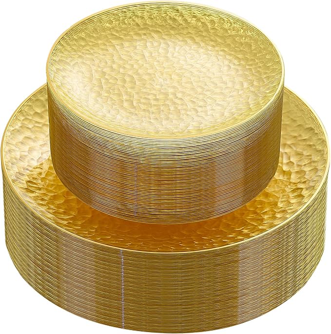 Rubtlamp 60Pcs Yellow Gold Plastic Plates, Hammered Plastic Plates Include 30 by Rubtlamp