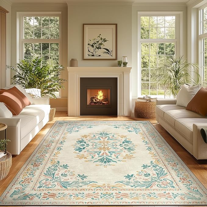 jinchan Vintage Floral 8x10 Area Rugs for Living Room - Machine Washable Distressed Design Soft Throw Rug Thin Non-Slip Large Carpet for Bedroom Nursery Dining Room Home Office(8x10ft,Apricot)