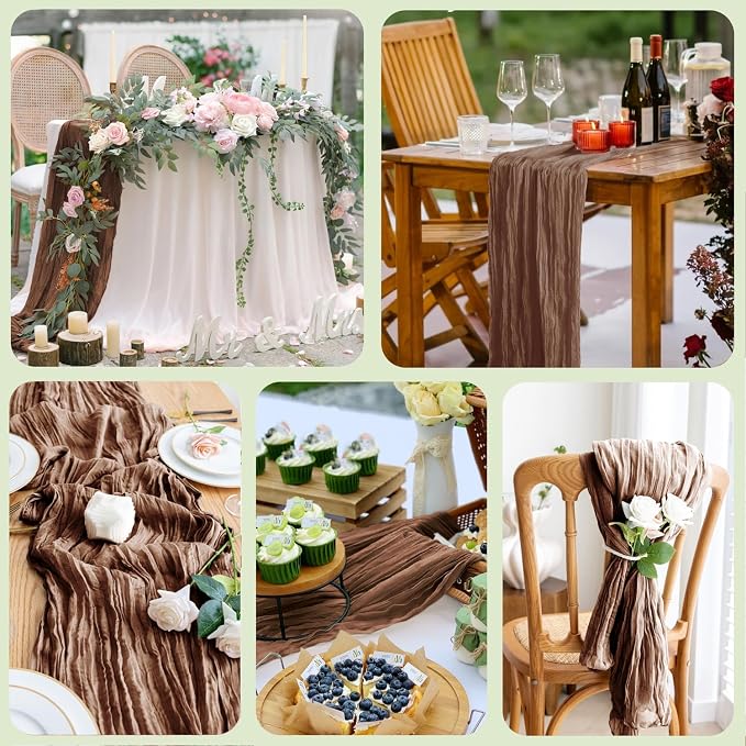Cheesecloth Table Runner 10FT 2Pcs Brown Boho Gauze Rustic Sheer Runners | - Image 7