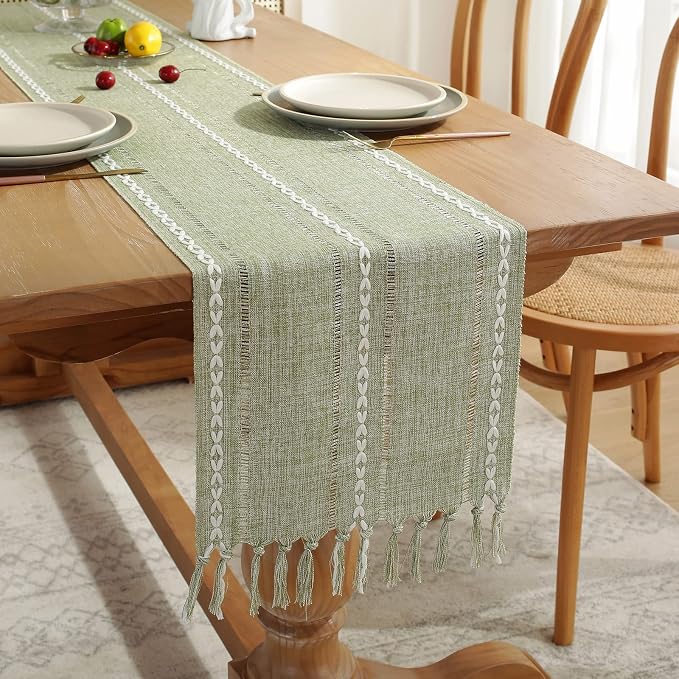 Wracra Rustic Linen Table Runner, Sage Green Table Runners 72 inches Long | - Image 6