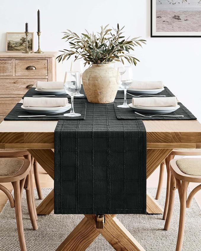 Linen Checked Farmhouse Table Runner, 13x72 Inches Black | Raised Grid Design - Image 2