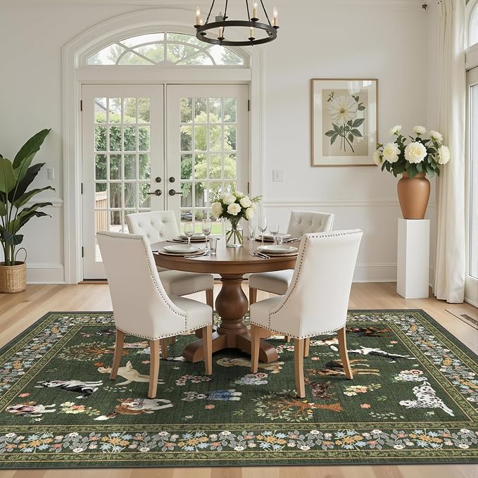 Dogs Area Rugs 9x12 Living Room, Washable Rug Non Slip Floral Low Pile Large Rug - Image 5