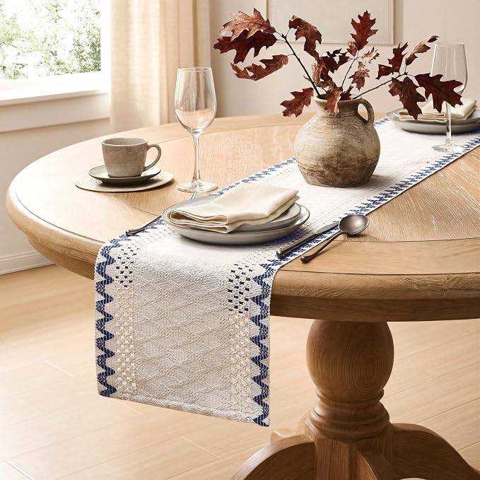 Macrame Side Trim Boho Woven Table Runner, Dusty Blue 12x72 Inch | Crochet - Image 5