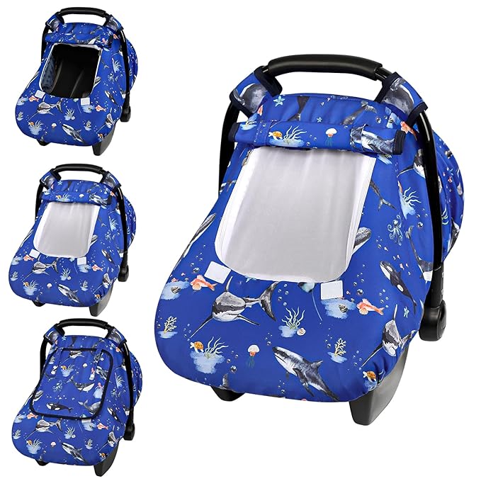 Pea Pod Car Seat Cover Baby, Infant Car Seat Canopy Covers for Newborn with 2 Layers Windows of Breathable Mesh Fabric, Lightweight Polyester/Soft Minky Dot Backing (Ocean)