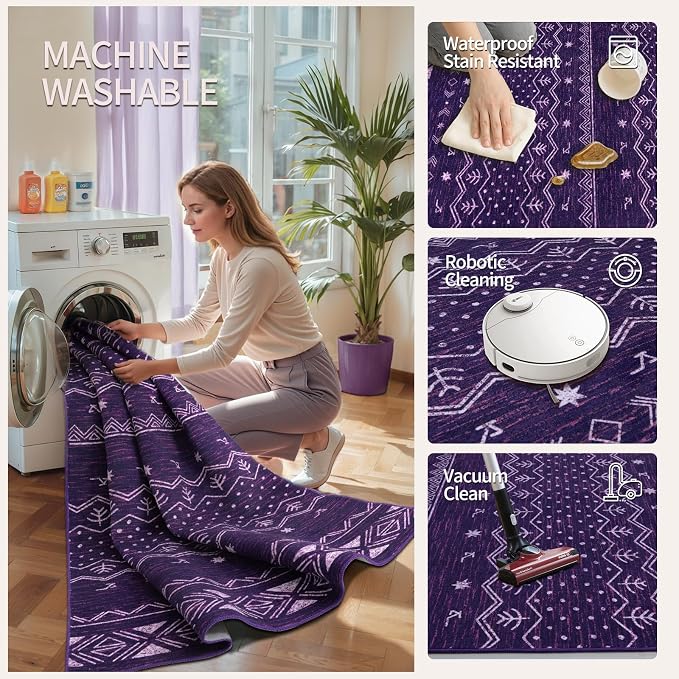 SERISSA 2x5 Kitchen Runner Rug, Washable Non-Slip Purple and White Boho Rug - Image 3