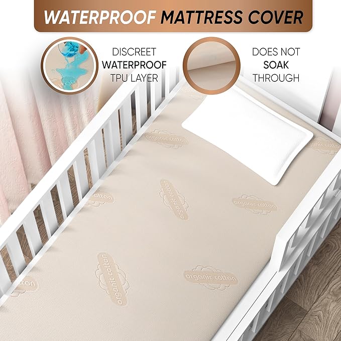 Crib Organic Mattress Protector Pad - Certified Organic Cotton Waterproof Breathable Mattress Pad Cover - 250 GSM Comfort - Deep Pocket - Fitted Comfort